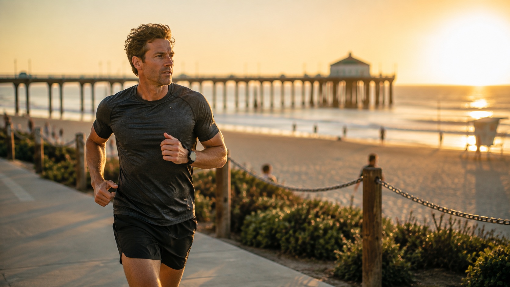 A runner on The Strand at Manhattan Beach near the pier.