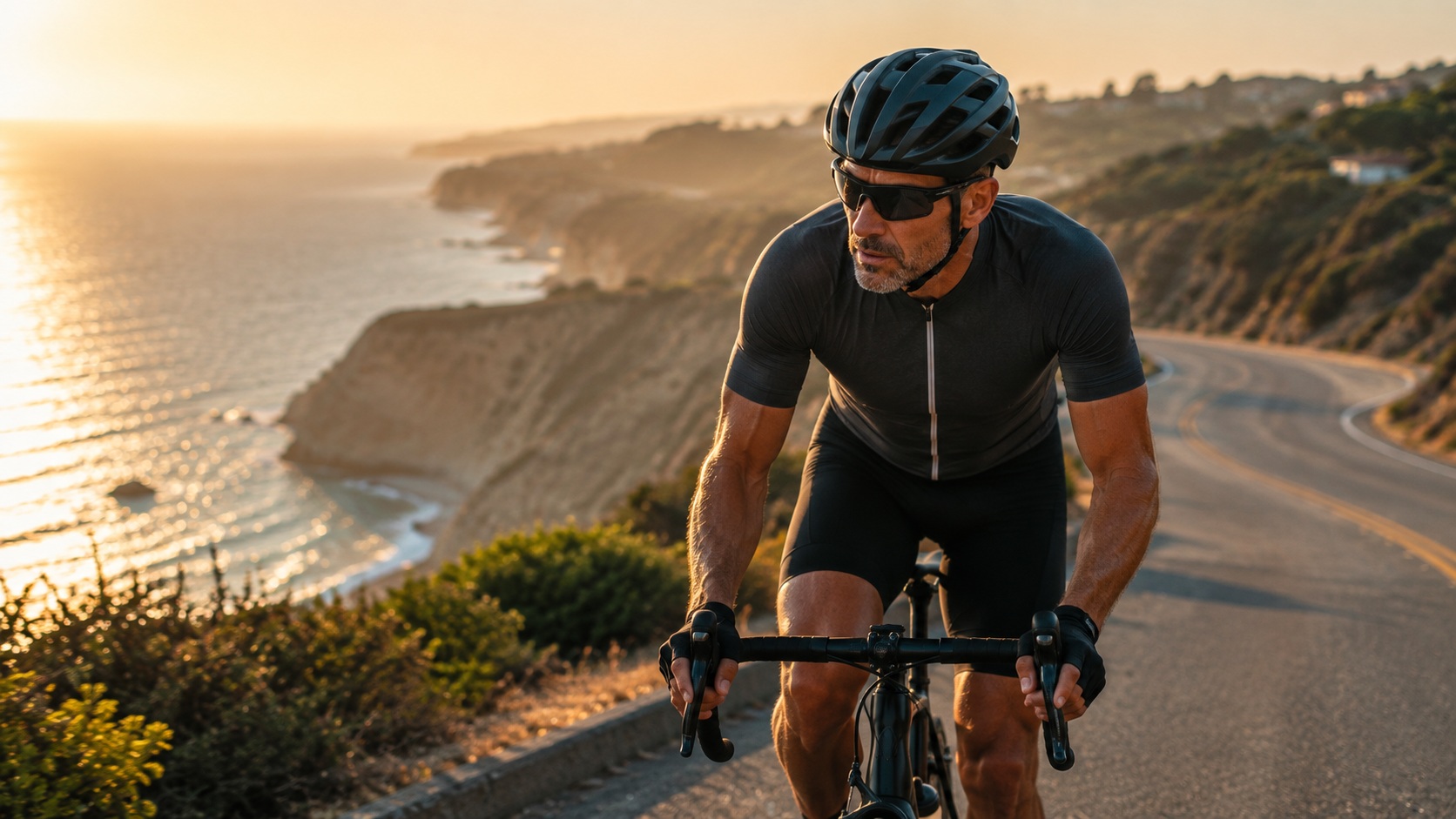 A cyclist climbing a coastal road on the Palos Verdes Peninsula above the Pacific.