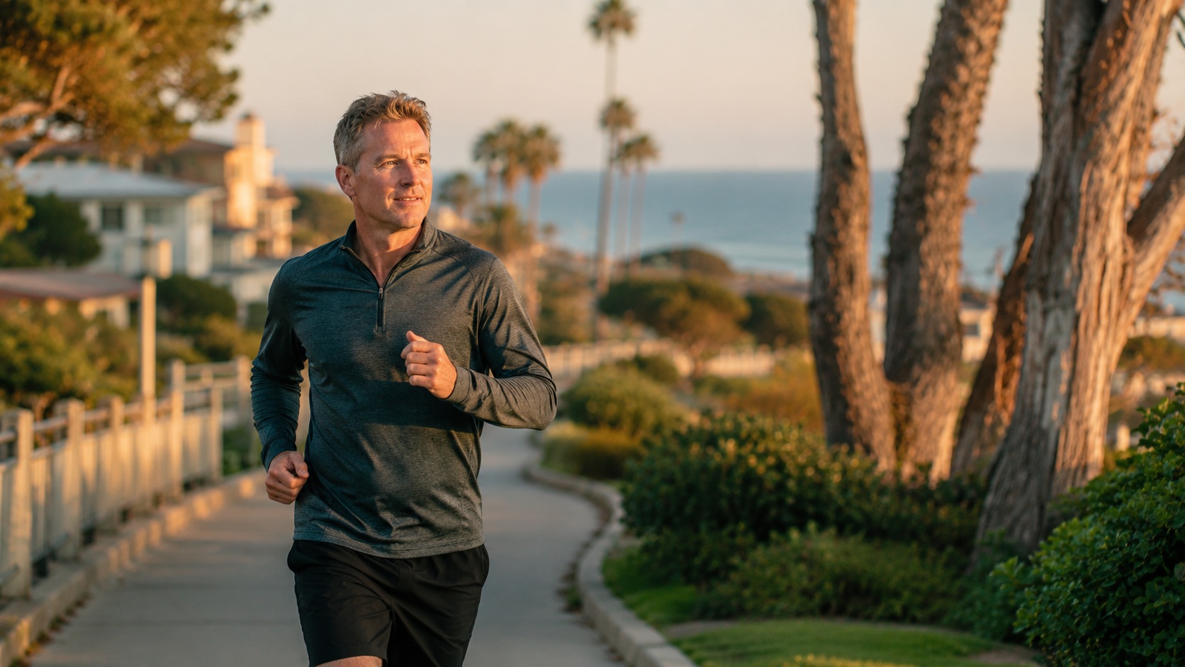 An active adult jogging near the Torrance Riviera at golden hour.